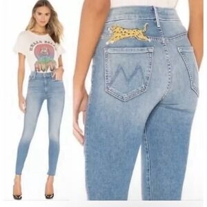 Mother High Waisted Looker Ankle Fray Jeans Shoot To Thrill Leopard Graphic 27